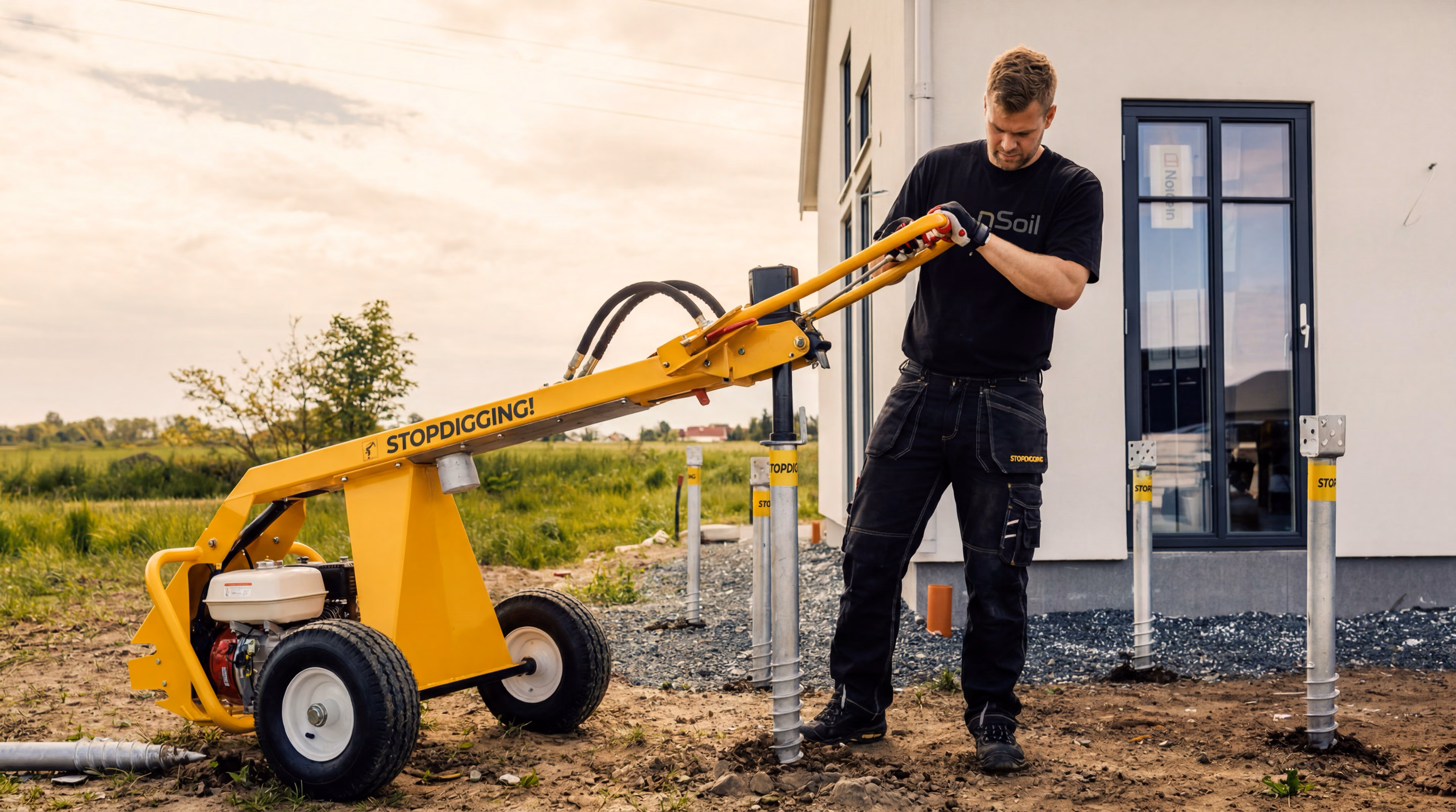 Installer driving a ground screw beside a finished timber house