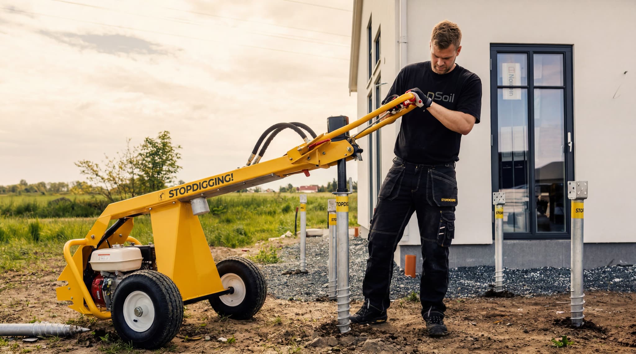 Installer driving a ground screw beside a finished timber house
