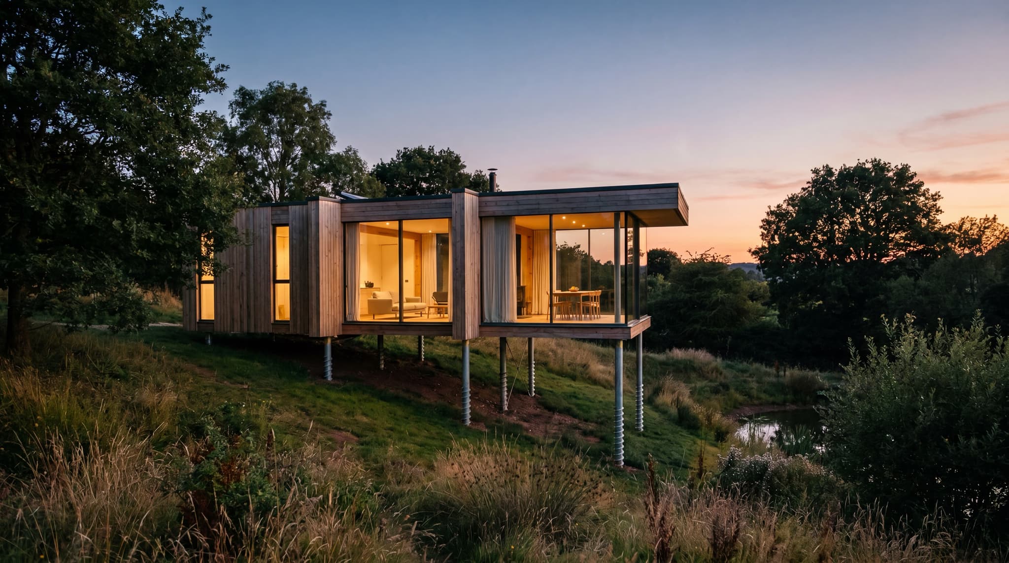 Timber house elevated on nSoil ground screws over a sloped site at dusk